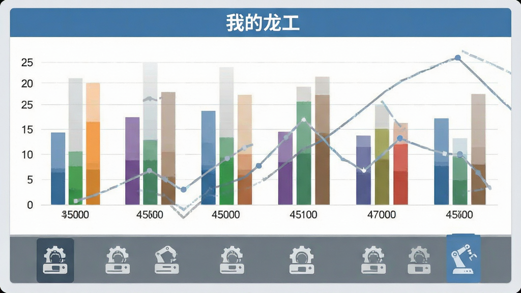 一张数据统计图表的界面截图,图表中显示不同颜色柱状图代表各台设备的月度工时,顶部有“我的龙工”标题,底部有设备图标,整体风格商务简洁,配色以蓝灰为主,画质干净清晰