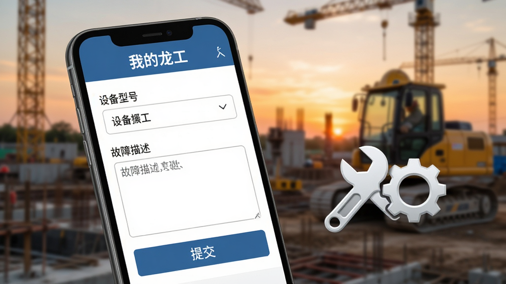 手机屏幕显示“我的龙工”故障报修提交页面,画面中有设备型号选择框、故障描述输入区和提交按钮,旁边配一个扳手和齿轮的图标,背景是工地黄昏场景虚化,风格写实但干净,画质清晰无杂乱元素