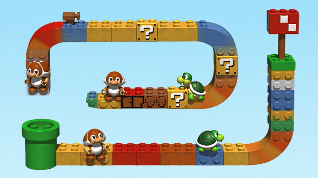 LEGO Super Mario ��Ϸ�ؿ���ͼ���棬��Ļ����ʾ�����ָ߻�ľ���ɵ�����·����·�����а����С��ڹ���ʺ�ש��ͼ�꣬�������ɫ�ܵ����յ�����ˣ�������Ϊ���޵Ŀ�ͨ3D���������������ʸɾ����޶���UIԪ�ء�