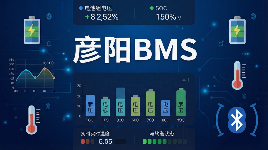 一张展示彦阳BMS手机App主界面的图片,画面中央是软件名称“彦阳BMS”的醒目Logo,背景为深蓝色科技感渐变,周围环绕着电池组图标、电压曲线图、温度计和蓝牙连接符号,界面布局简洁,顶部显示电池组总电压和SOC百分比,中部为各电芯电压柱状图,底部有实时温度与均衡状态指示,风格现代扁平化,细节清晰,画质干净无多余元素