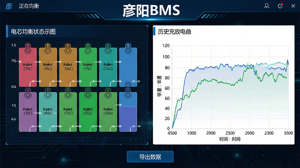 一张展示彦阳BMS均衡状态与历史数据界面的图片,画面中“彦阳BMS”软件名称出现在顶部,中部左侧为电芯均衡状态示意图,用不同颜色标注正在均衡的电芯和均衡电流方向,右侧为历史充放电曲线图,横轴为时间纵轴为容量,底部有导出数据按钮,风格科技感十足,布局清晰,画质干净