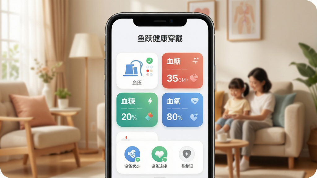 һ��չʾ��Ծ��������App����ȫò��ͼƬ�������������ֻ���Ļ��ʾApp�����棬���涥���С���Ծ�������������ֱ�ʶ���м�����չʾѪѹ��Ѫ�ǡ�Ѫ���Ƚ������ݿ�Ƭ���ײ����豸����״̬ͼ�꣬��������ܰ�ļ�ͥ��������������ִ���࣬ϸ��Բ�󣬻��ʸɾ����޶���Ԫ��