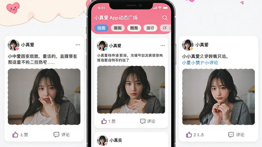 һ�š�С�氮��App��̬�㳡�����ͼƬ���ֻ���Ļ��ʾ�ٲ������ֵ��û���̬��Ƭ��ÿ�ſ�Ƭ�����û�ͷ���ǳơ���̬���ֺ�ͼƬ���ײ��е��޺����۰�ť��������Ȧ�ӷ����ǩ����������ã����ʸɾ��޶���Ԫ��