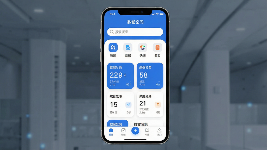 һ��չʾ�����ǿռ䡱App�������ͼƬ������Ϊ�ֻ���Ļ��ʾ��Ӧ����ҳ�������Ϸ����������Ϳ�ݹ���ͼ�꣬�м������ݷ��࿨Ƭ���·��ǵײ���������������ִ���������ɫ��ϸ��Բ�󣬻��ʸɾ������޶���Ԫ��