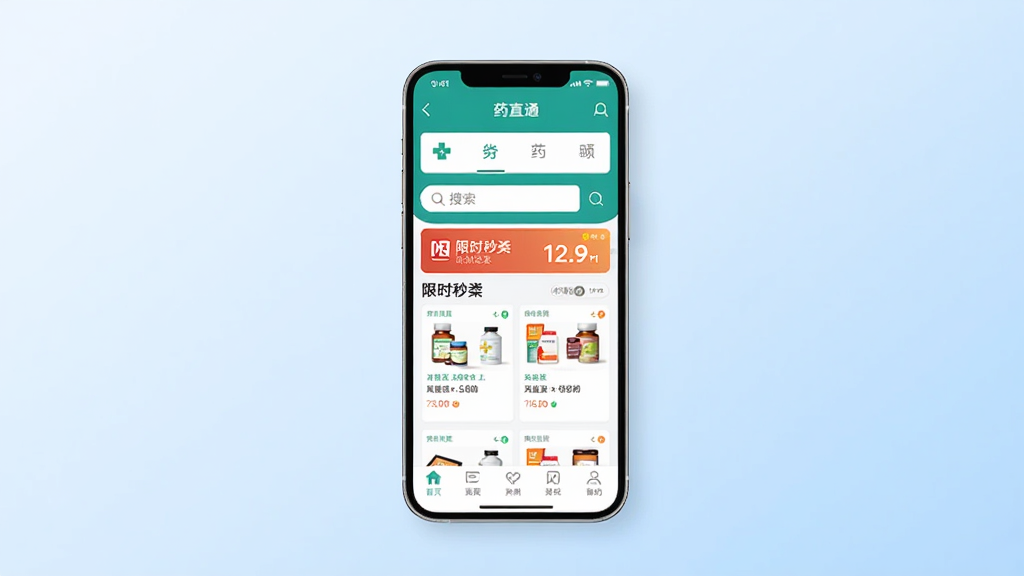 ҩֱͨӦ��������չʾ�������������ֻ���Ļ����Ļ����ʾҩֱͨAPP����ҳ������ҩƷ���ർ��������������ʱ��ɱҩƷ�б��͵ײ��˵����������Ǹɾ���ǳ��ɫ���䣬������ִ��������������޶���Ԫ��