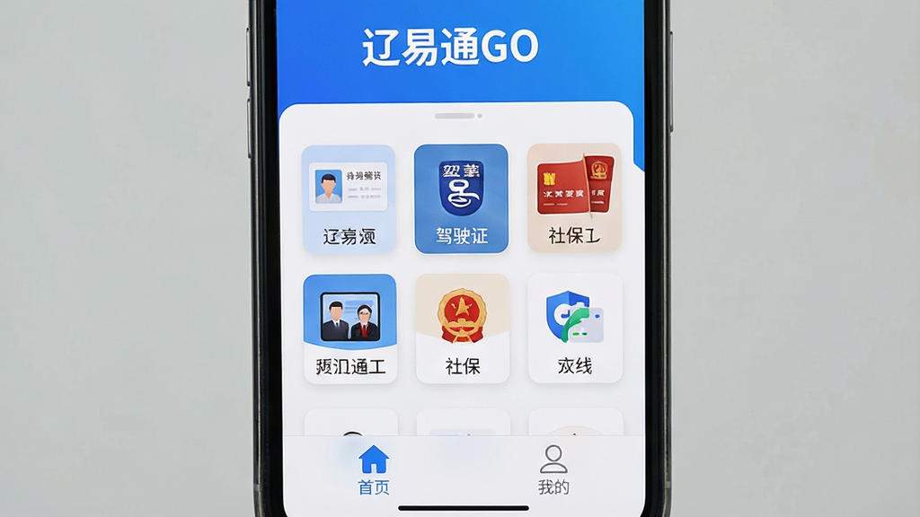 һ���ֻ���Ļ��д����������������ͨGOӦ�õ������棬������ʾ������ͨGO�����ֱ�ʶ���м����������еĵ���֤�տ�Ƭͼ�꣬��������֤����ʻ֤���籣���ȣ��ײ��С���ҳ�����ҵġ�����ѡ����������������ɫ��������ִ������������ɾ����޶���Ԫ��