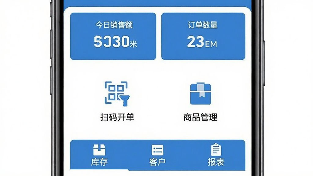 手机屏幕展示“七色米家电数码进销存”软件主界面,顶部显示今日销售额和订单数量,中间是扫码开单和商品管理图标,底部为库存、客户、报表选项卡,整体布局清晰,蓝白配色,风格现代扁平,文字标签明确,画质干净无多余元素