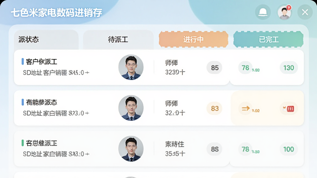 “七色米家电数码进销存”软件中的安装维修派工界面,列表显示待派工、进行中、已完工的工单状态,每个工单带有客户地址和师傅头像,界面简洁,配色柔和,画质干净
