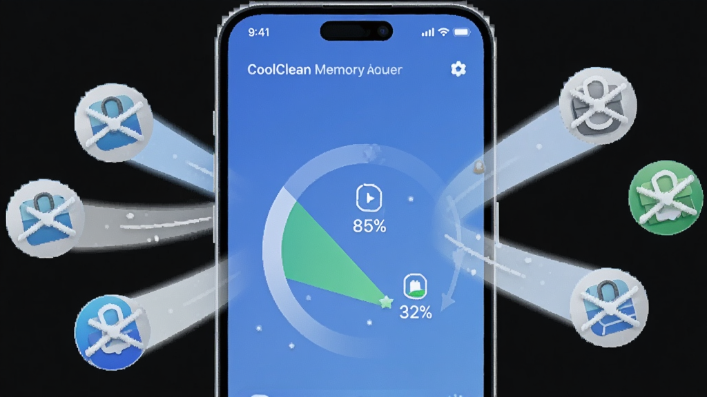 һ��չʾCoolClean�ڴ���ٹ��ܵ�AI����ͼ������������һ���ֻ�����Ļ��ʾ�ڴ�ռ�ô�85%����32%�Ķ���Ч�����ֻ���Χ��һЩ������̨Ӧ�õ�Բ��ͼ�����ڱ�