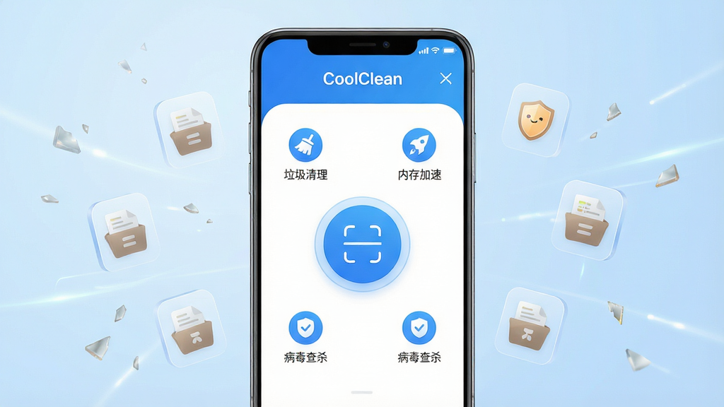 һ��չʾCoolClean�ֻ�������������ȫò�ĳ���ͼ������������һ���ִ������ֻ�����Ļ����ʾ��CoolClean�������棬����������ˬ����������ɫΪ�����м���һ����Ŀ��Բ��ɨ�谴ť����Χ������