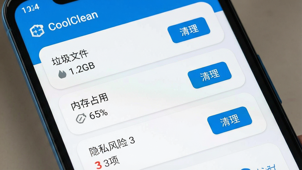 һ��չʾCoolClean�ڰ�׿�ֻ������еĽ����ͼ���ͼ��������һ���ֻ���Ļ��д����ʾCoolClean��ɨ����ҳ�棬������
