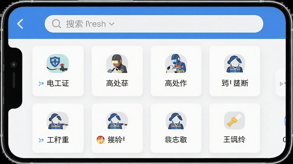 ������ҵ����֤�ֻ�APP�����ͼ������Ϊ�ֻ���Ļչʾ������ҳ�棬����Ϊ�������������·���Ƭʽ�����б����Ű����룬������ִ���ϸ�ڰ����繤�����ߴ���ҵ��ͼ�꣬�����������ɾ����޶���Ԫ��