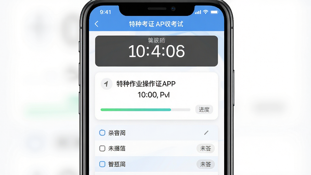 ������ҵ����֤APPģ�⿼�Խ��棬����Ϊ�ֻ���Ļչʾ���Ե���ʱ�ʹ��⿨������Ϊ�Ϸ���ʱ���м���Ŀ�·�ѡ��Ű�����������ˬ��ϸ���н�������δ���ǣ������������ɾ����޶���Ԫ��
