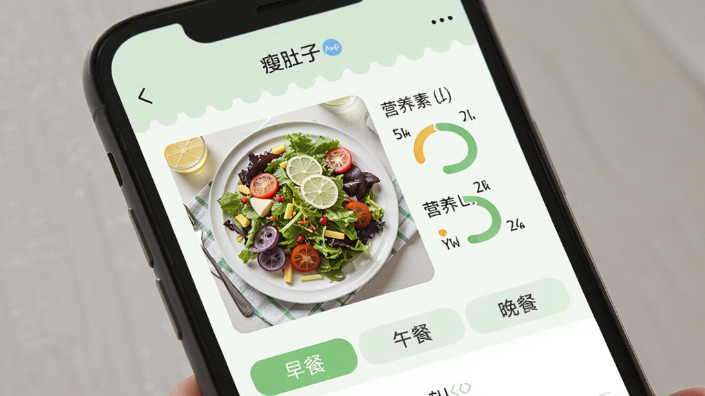 一个手机屏幕显示“瘦肚子”App的饮食记录页面,页面中间是一盘沙拉的照片,旁边标注了热量和营养素比例,底部有“早餐”“午餐”“晚餐”的标签,界面风格清新,带有浅绿色调,画质干净