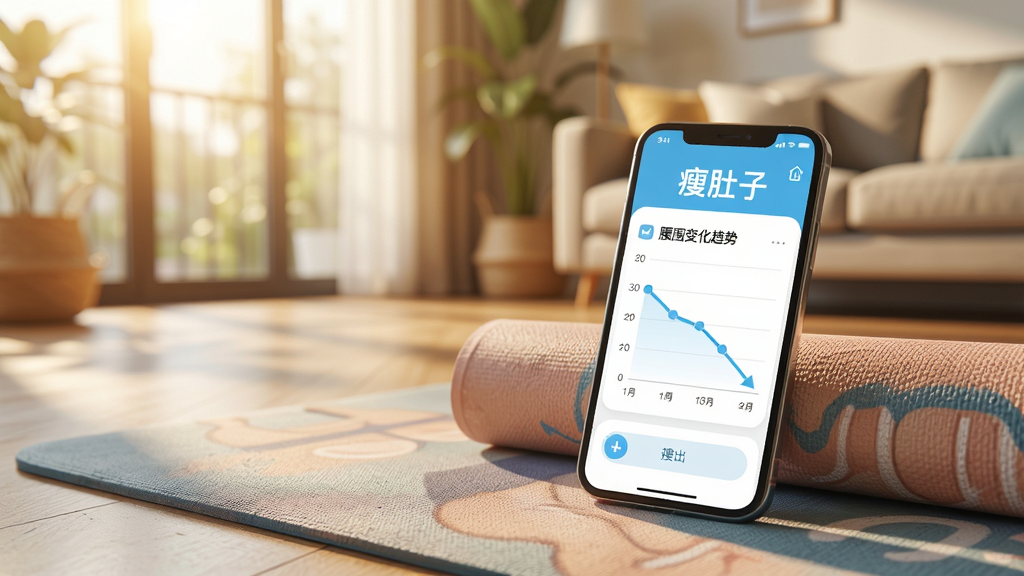 一个手机放在瑜伽垫旁边,屏幕显示“瘦肚子”App的进度追踪页面,有一条向下的折线图,标题写着“腰围变化趋势”,背景是家庭客厅,阳光照进来,画面温暖,画质清晰