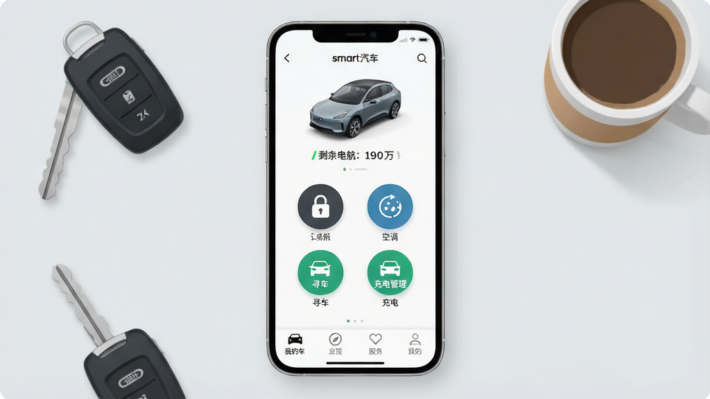 һ��չʾsmart�����ֻ�APP���������ϸͼƬ�������������ֻ���Ļ����Ļ����ʾ��smart������Ӧ�ý��棬�����г���3Dģ�ͺ�ʣ��������������Ϣ���м������ų��Ž������յ����ơ�Ѱ�����������ĸ�Բ�ι���ͼ�꣬�ײ��������С��ҵĳ��������֡������񡱡��ҵġ��ĸ�ѡ�����Ϊǳ��ɫ�������ֻ���Χɢ���ų�Կ�׺�һ�����ȣ����岼������������ִ���ƽ��ϸ��Բ�󣬻��ʸɾ��޶���Ԫ��