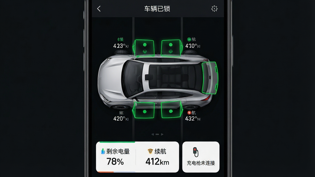 һ��չʾ��smart������APP����״̬ҳ���AI��ͼ���������ֻ���Ļ��ʾ��������ͼ���ĸ����źͺ�������ɫ������ע�ѹر�״̬����̥����ʾ̥ѹ��ֵ���ײ���Ƭ��ʾ��ʣ�����78%��������412km�������ǹδ���ӡ�����Ļ�Ϸ��С�������������ʾ��������Ϊ��ɫģʽ���棬����ͻ�������ּ�࣬���Ƽ���ʮ�㣬ϸ�����������ʸɾ��޶���Ԫ��