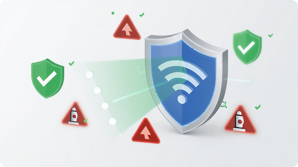 һ��չʾ�������š���ȫ��⹦�ܵ�ͼƬ����������һ������ͼ������ɨ��WiFi�źţ���Χ����ɫ�İ�ȫ��ʶ�ͺ�ɫ�ķ�����ʾ��������ǳ��ɫ������Լ�ִ��������������޶���Ԫ��