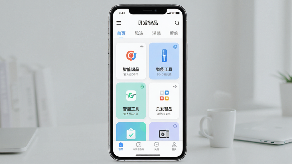 һ��չʾ������ƷApp��������ͼƬ������Ϊ�ֻ���Ļ��ʾ������ƷӦ����ҳ�������Ϸ��Ǽ��ĵ��������м��ǹ��ܿ�Ƭʽ���е����ܹ�����ڣ��·��ǵײ��˵������Ű����룬����ִ���ƽ����ϸ��Բ�󣬻��ʸɾ��������޶���Ԫ�أ������а�����������Ʒ�����ֱ�ʶ