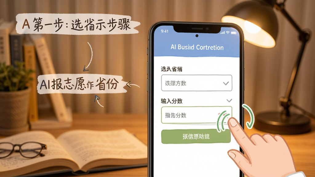 AI报志愿操作步骤示意图,手机屏幕显示选择省份和输入分数的界面,旁边有手指点击的动画效果,背景是书桌和台灯,风格温馨学习风,画质清晰,文字标注“第一步:选省份”