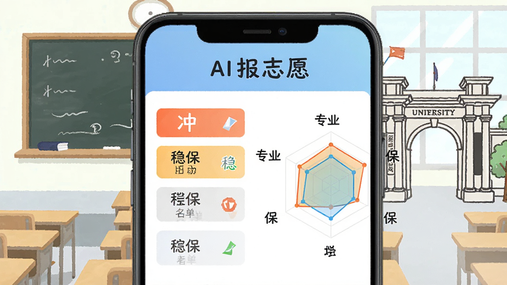 AI报志愿功能界面展示,手机屏幕中显示“AI报志愿”的智能推荐结果页面,左侧列出冲稳保院校名单,右侧有专业匹配雷达图,背景是教室黑板和大学校门简笔画,风格清新明快,画质清晰,文字标注“冲”“稳”“保”