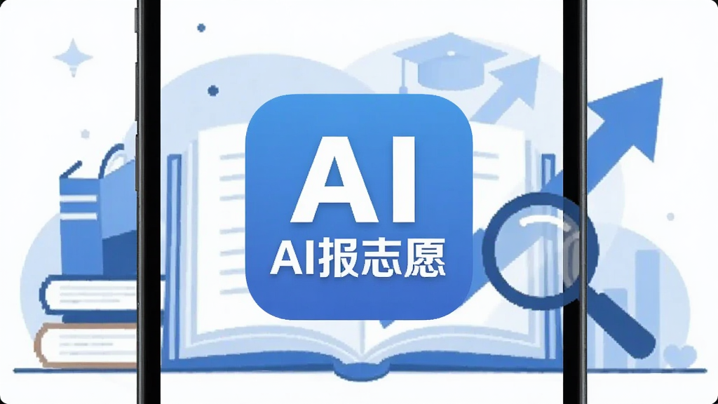 AI报志愿软件主界面展示,手机屏幕中央显示“AI报志愿”应用图标和名称,背景为蓝白相间的教育主题插画,包含书本、放大镜和上升箭头元素,界面布局简洁清晰,风格现代扁平,画质干净无多余元素