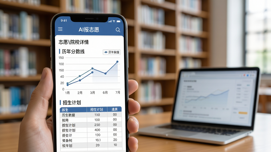 AI报志愿数据查询界面,手机屏幕显示“AI报志愿”的院校详情页,包含历年分数线折线图和招生计划表格,背景是图书馆书架和笔记本电脑,风格简约商务,画质干净,文字标注“历年数据”