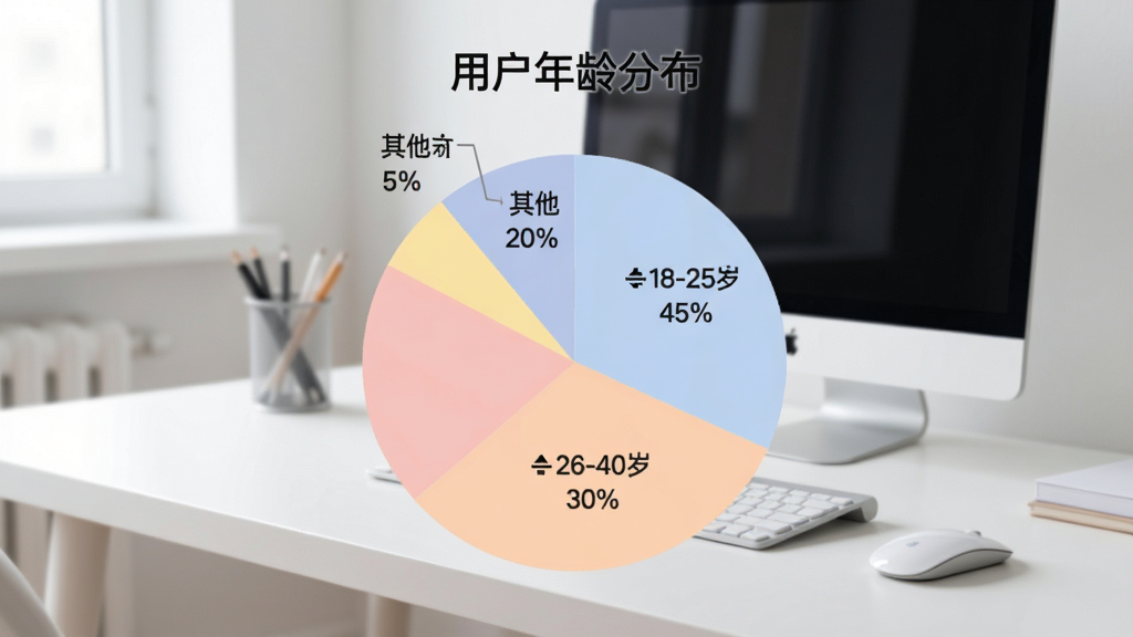 AI报志愿用户年龄分布饼状图,图表标题为“用户年龄分布”,包含四个扇形区域分别标注“18-25岁 45%”“26-40岁 30%”“41-60岁 20%”“其他 5%”,配色柔和,背景是简约的办公桌和电脑,风格数据可视化,画质干净无多余元素