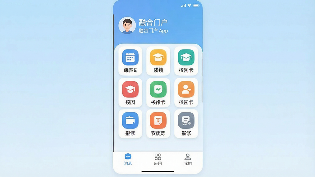 һ��չʾ�ں��Ż�App���Ľ�����ֻ���Ļ��ͼ�������������ں��Ż������棬������ʾ�û�ͷ����ʺ���м��ǾŹ������ͼ���������룬�����α����ɼ���У԰�������޵���ڣ��ײ�Ϊ��Ϣ��Ӧ�á��ҵ�����ѡ�������Ϊ�ɾ���ǳ��ɫ���䣬����ִ���Լ��ƽ��ϸ��Բ�󣬻������������ֱ�ע��ȷ������ɾ��޶���Ԫ��