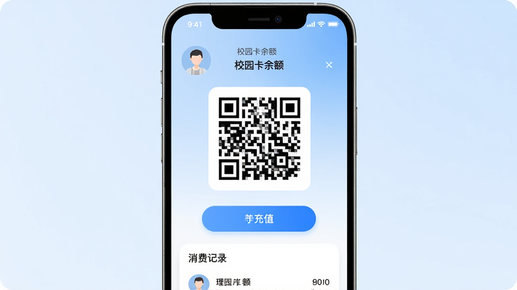�ں��Ż�App��У԰��֧�����棬�ֻ���Ļ������ʾһ����ά�룬�Ϸ���ʾУ԰�������������·��г�ֵ��ť�����Ѽ�¼�б�������Ϊ����ɫ���䣬����ִ������ʸɾ�