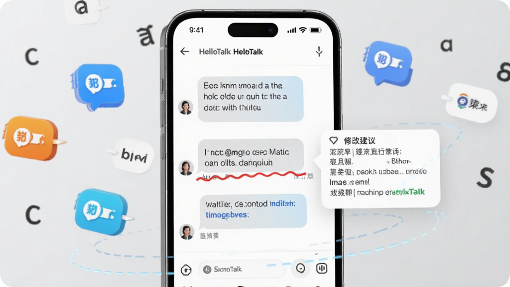 һ��չʾHelloTalk����������ܵ�AI��ͼ������������һ���ֻ�����Ļ����ʾһ��Ӣ�ĶԻ�������һ�䱻��ɫ�����߱�ע���Աߵ����޸Ľ�����ֻ���ΧƮ���ŷ���ͼ�����Ӣ���ַ������Ƽ��м�Լ��ϸ�����������ʸɾ��޶���Ԫ�ء�