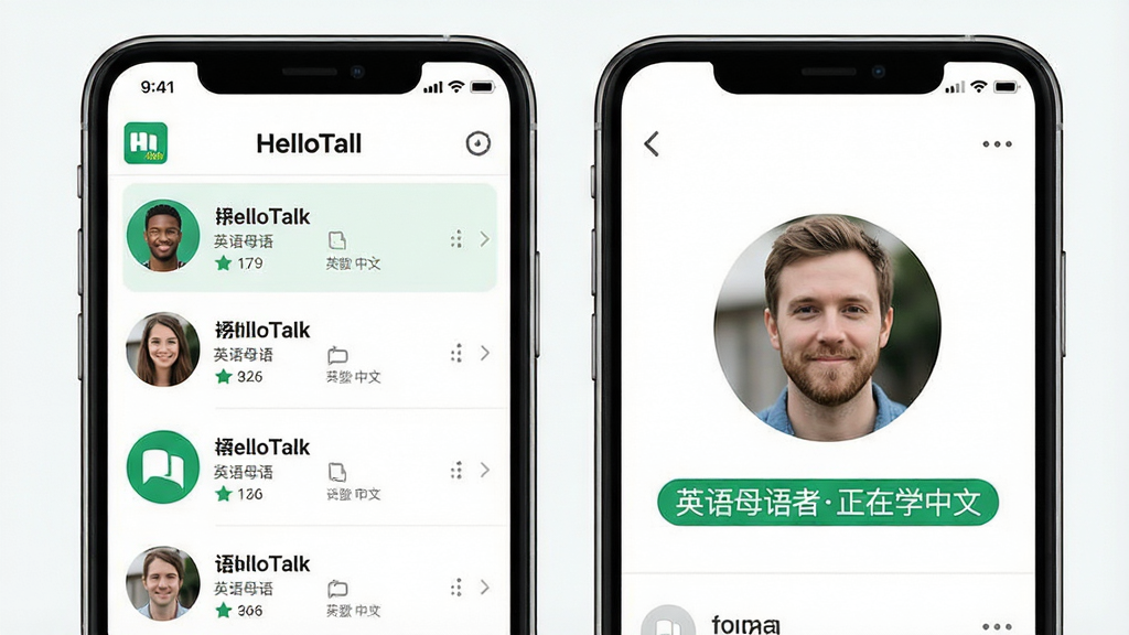 һ��չʾHelloTalk���ƥ�书�ܵ�AI��ͼ���������������鲢�ŵ��ֻ���Ļ�������Ļ��ʾHelloTalk������б����ұ���Ļ�Ŵ���ʾһ������û�ͷ������Ա�ǩ��Ӣ��ĸ��������ѧ���ġ������ּ�࣬������±�ƽ��ϸ�����������ʸɾ��޶���Ԫ�ء�