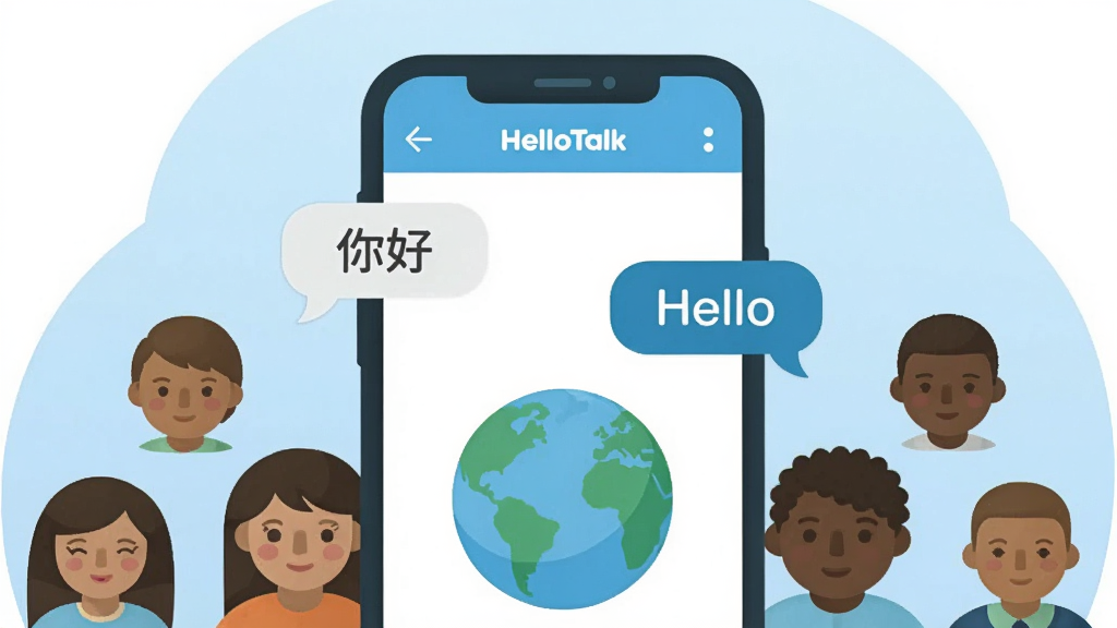 һ��չʾHelloTalk����ȫò�ı�ƽ���廭������������һ�������ֻ�����Ļ����ʾHelloTalk������棬������������ġ���á����Ҳ�������Ӣ�ġ�Hello�����·��е���ͼ��Ͷ����ͬ��ɫ��С��ͷ���ƣ�������ǳ��ɫ���䣬����ִ���Լ��ϸ��Բ�󣬻��ʸɾ��޶���Ԫ�ء�