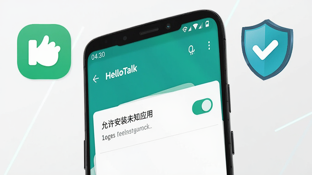 һ��չʾHelloTalk��׿�ֻ���װȨ�����õ�AI��ͼ������������һ����׿�ֻ�����Ļ����ʾ��������װδ֪Ӧ�á��Ŀ��ؽ��棬�Ա���һ��HelloTalkͼ��Ͷ��ư�ȫͼ�꣬������ǳ��ɫ�����Ƽ���࣬ϸ�����������ʸɾ��޶���Ԫ�ء�