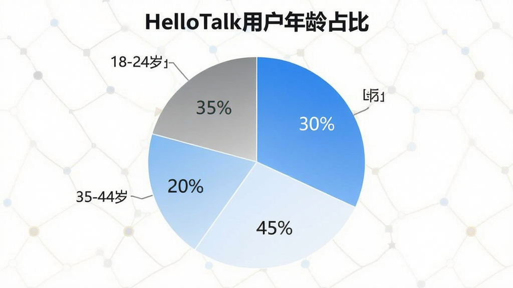һ��չʾHelloTalk�û�����ֲ��ı�״ͼ��ͼ������Ϊ��HelloTalk�û�����ռ�ȡ�������Ϊ18-24��ռ35%��25-34��ռ30%��35-44��ռ20%��45-60��ռ15%����ɫΪ���׻ҽ��䣬��������ݿ��ӻ���ϸ�����������ʸɾ��޶���Ԫ�ء�