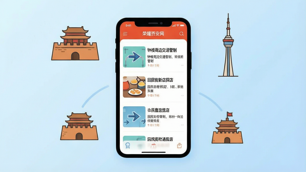һ����ƽ�����Ĳ廭������������һ���ֻ�����Ļ����ʾ����ҫ������App����Ѷ�б�ҳ�棬�б����������¥�ܱ߽�ͨ���ơ���������µ�̽�ꡱ�����ֱ�ǩ���ֻ���ΧƯ����������ǽ���������ļ�ʻ�ͼ�꣬������ǳ��ɫ���䣬���ֲ����ֻ����С�ͼ�껷�Ƶ��Ű棬����ִ���࣬���ʸɾ��޶���Ԫ��