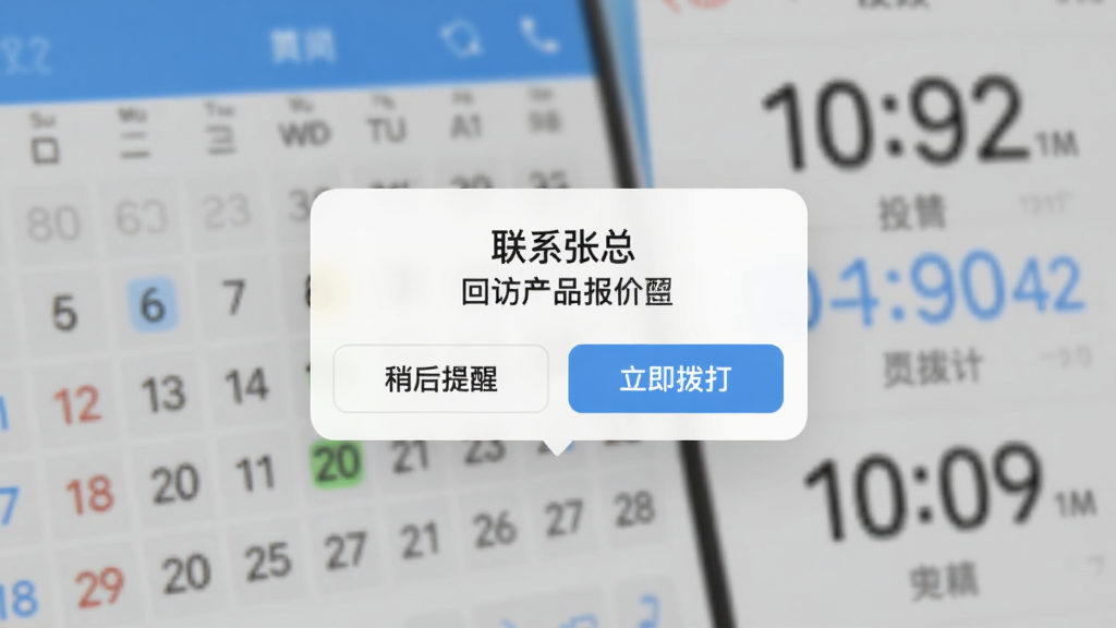电销灵跟进提醒弹窗界面,手机屏幕中央弹出提醒通知,上面写着“联系张总 回访产品报价”,通知下方有“稍后提醒”和“立即拨打”两个按钮,背景是模糊的日历和时间元素,风格扁平化,画质干净无多余元素