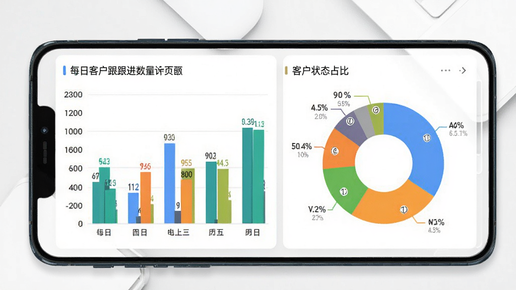 电销灵数据统计页面,手机屏幕显示柱状图和饼状图,柱状图展示每日客户跟进数量,饼状图展示客户状态占比,图表颜色鲜明,数据标签清晰,背景是简洁的白色,风格现代商务,画质干净