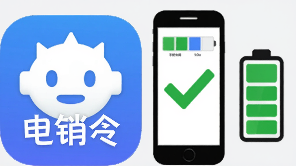 电销灵App图标与手机内存占用对比示意图,画面左侧是电销灵图标,右侧是手机存储空间和电池图标,用绿色对勾表示省电省空间,背景是干净的浅灰色,风格扁平化,画质清晰无多余元素