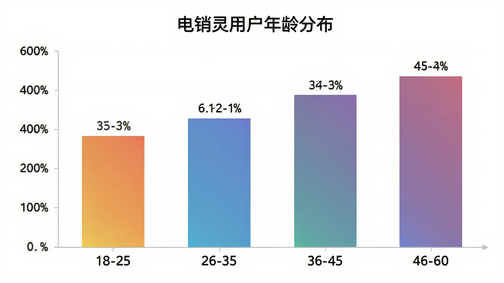 电销灵用户年龄分布柱状图,横轴为年龄段18-25、26-35、36-45、46-60,纵轴为用户占比百分比,柱状图颜色渐变,数据标签清晰,标题为“电销灵用户年龄分布”,背景简洁白色,风格现代商务,画质干净