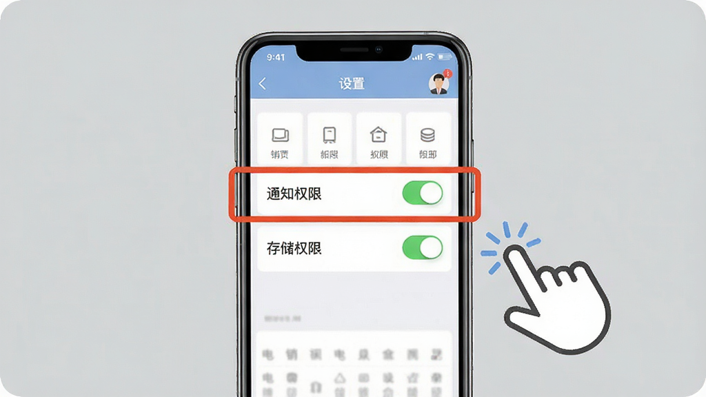 电销灵安装权限设置指引图,手机屏幕显示设置界面,高亮标注“通知权限”和“存储权限”开关,旁边有手指点击的图标,背景是简洁的灰色,风格清晰直观,画质干净无多余元素