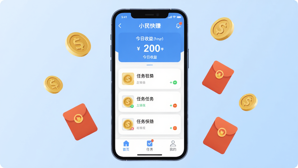 画面中央是一部智能手机,屏幕上显示“小民快赚”应用主界面,界面顶部有今日收益金额,中间是任务列表卡片,底部有“首页”“任务”“我的”三个图标按钮。手机周围散落着金币和红包图标,背景是浅蓝色渐变,风格现代扁平,细节圆润,画质干净清晰,无多余元素。
