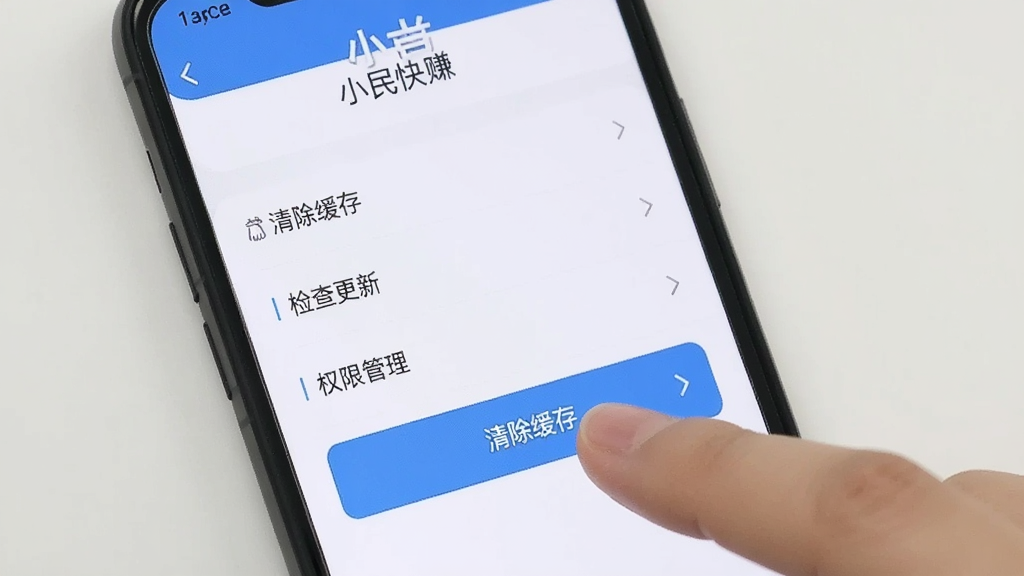 手机屏幕显示“小民快赚”设置页面,页面上有“清除缓存”“检查更新”“权限管理”等选项,一只手正在点击“清除缓存”按钮,背景是简洁的白色界面,风格扁平化,画质干净,无多余元素。