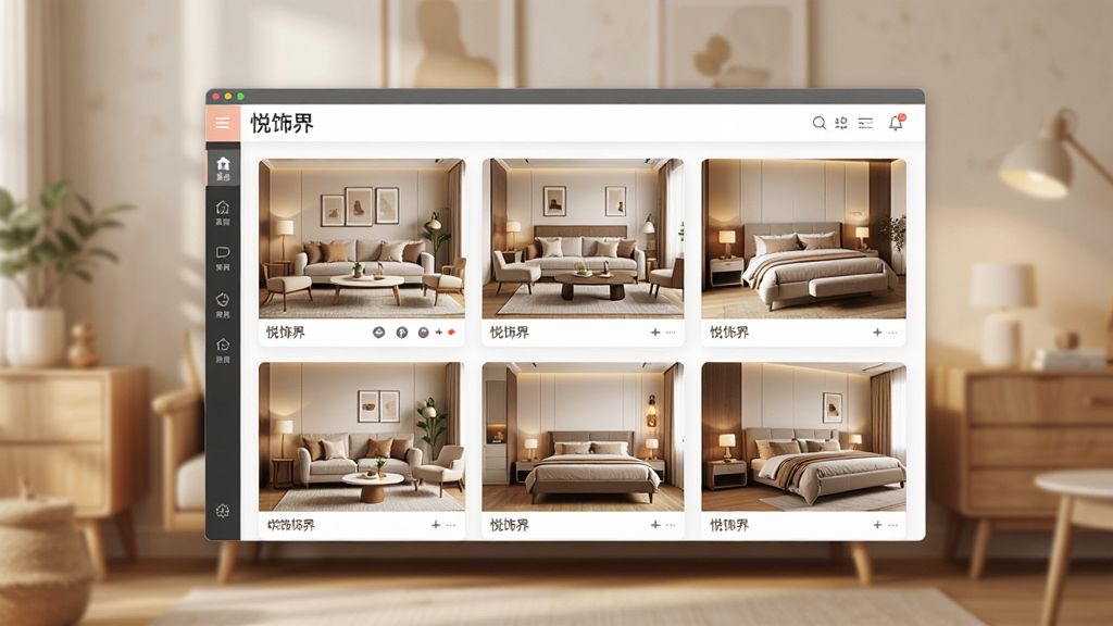 一个温馨的家居装饰设计场景,画面中央展示着“悦饰界”软件的主界面,界面上排列着各种风格的客厅、卧室装饰效果图,色彩温暖柔和,布局清晰,风格现代简约,细节精致,画质高清,干净无多余元素