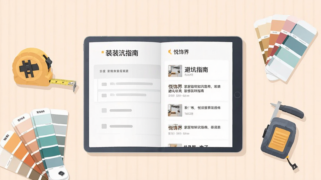 一个家居装修知识科普的插图,画面中有一本翻开的电子书或平板电脑,屏幕上显示着“悦饰界”软件里的装修避坑指南文章列表,旁边散落着卷尺、色卡等小工具,风格扁平化,布局居中,色彩柔和,画质干净无多余元素