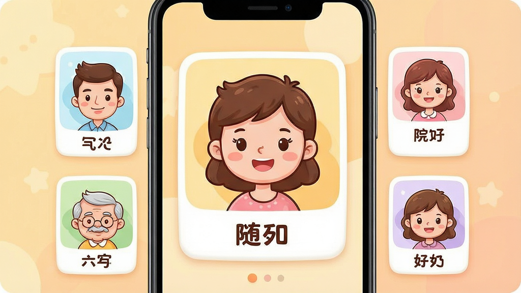 一张展示宝宝学称呼识人物软件核心界面的生图,主体是一个卡通风格的手机屏幕,屏幕里显示着卡通爸爸、妈妈、爷爷、奶奶的人物头像卡片,下方有对应的文字称呼,布局是中间大卡片展示人物,四周环绕着较小的分类图标,排版清晰简洁,风格是明亮可爱的儿童插画风,细节上人物表情要开心亲切,背景是柔和的暖色调,画质干净高清,无多余元素。