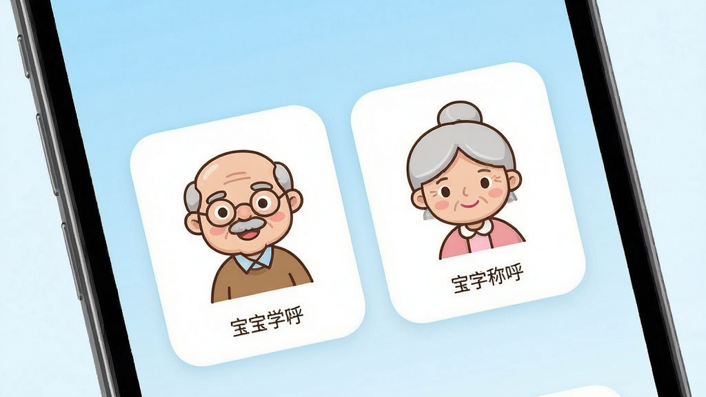 一张展示宝宝学称呼识人物软件无广告纯净界面的生图,主体是手机屏幕特写,屏幕上显示着卡通爷爷和奶奶的卡片,周围没有任何广告横幅或弹窗,布局简洁,排版清爽,风格是极简儿童教育应用界面,细节上界面边缘圆润,背景是淡蓝色渐变,画质干净无杂质,无多余元素。