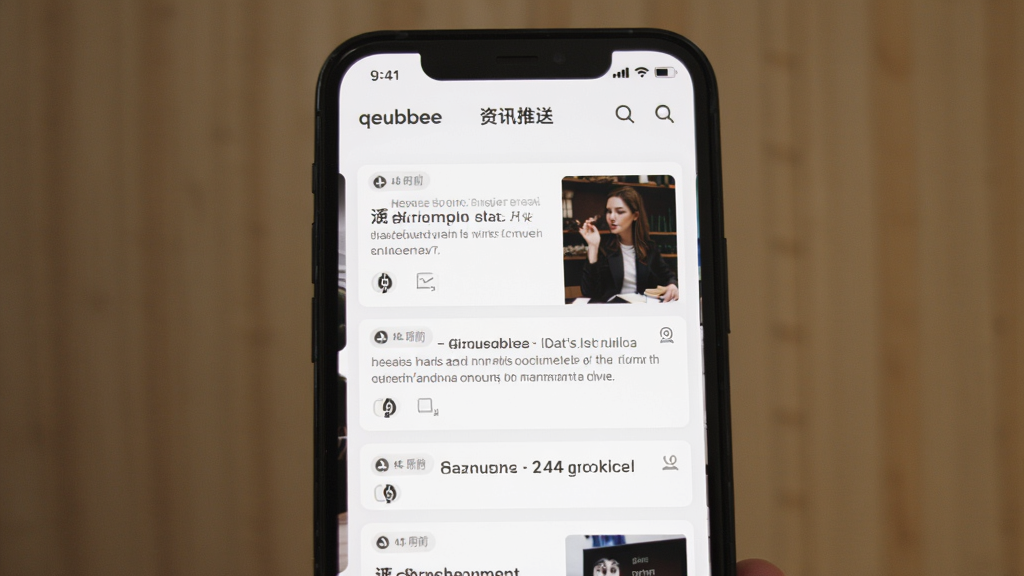 生成一张展示q e u b e e软件内资讯推送页面的手机界面图片,主体是手机屏幕显示新闻标题和摘要卡片,布局为垂直信息流,排版清晰,风格为简洁的阅读类应用,细节包括时间标签和来源图标,画质清晰干净无多余元素