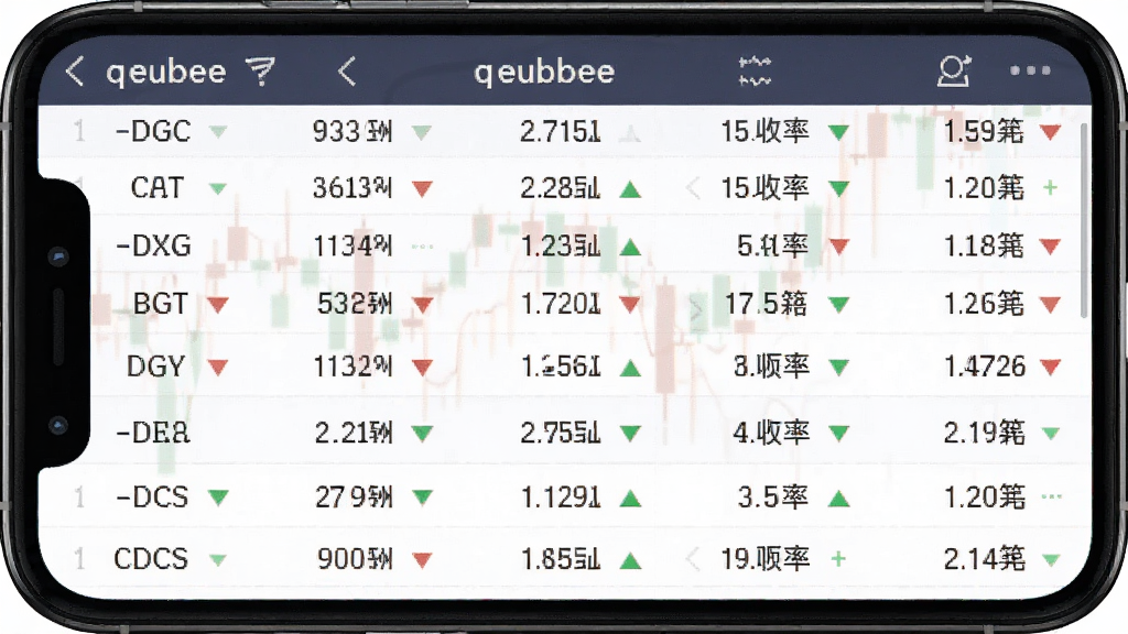 生成一张展示q e u b e e软件内债券实时行情报价列表的手机截图风格图片,主体是手机屏幕显示密密麻麻的债券代码和收益率数字,布局为列表形式,排版整齐,风格为专业的金融数据终端,细节包括红绿涨跌箭头和清晰的数字字体,画质高清干净无多余元素