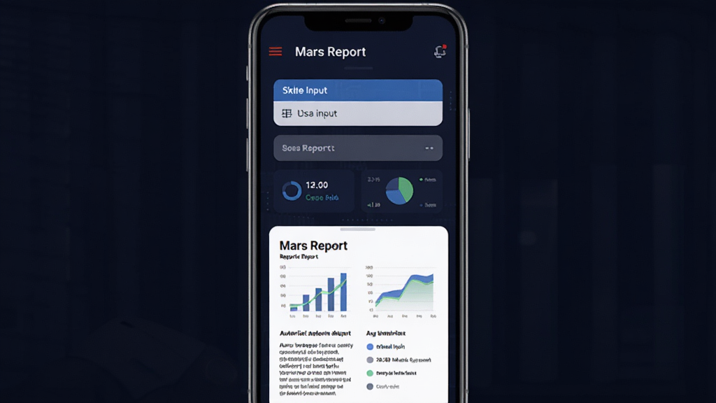 һ��չʾMars Report���ܱ������ɹ��ܵ�ͼƬ���������ֻ���Ļ������Ϊ�ϰ벿����ʾ����������°벿����ʾ�Զ����ɵı���Ԥ�����Ű����½ṹ�����Ƽ��б�ƽ����ϸ����ͼ�������ֱ�ע�����ʸɾ��޶���Ԫ��